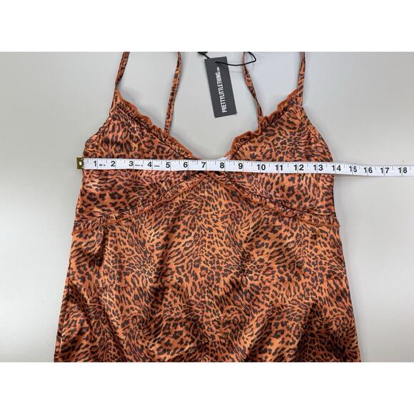 Pretty Little Thing Cheetah Ruffle Babydoll Top XS Brown Black Y2K Retro Satin - Picture 4 of 11